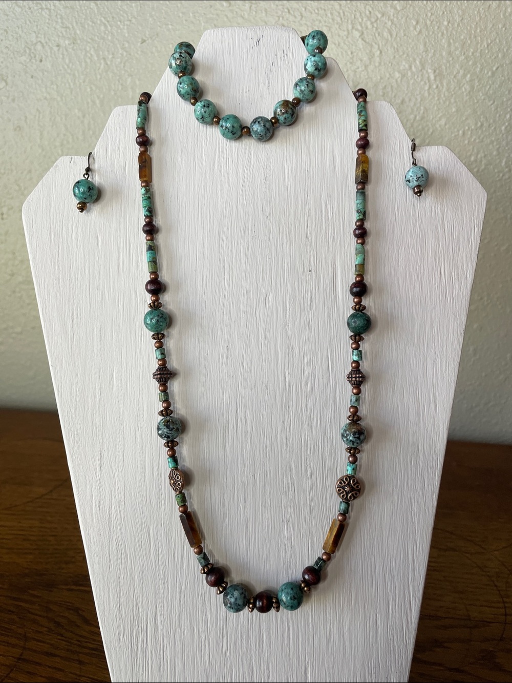 Turquoise Glass Beads & Brown, Copper Color Necklace, Bracelet and Earring Set